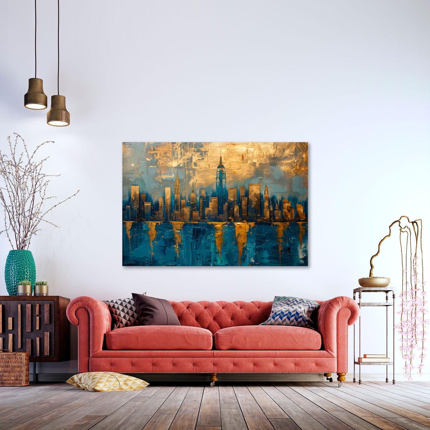 Skyline expressiv und modern in Gold Aquarell Wandbild