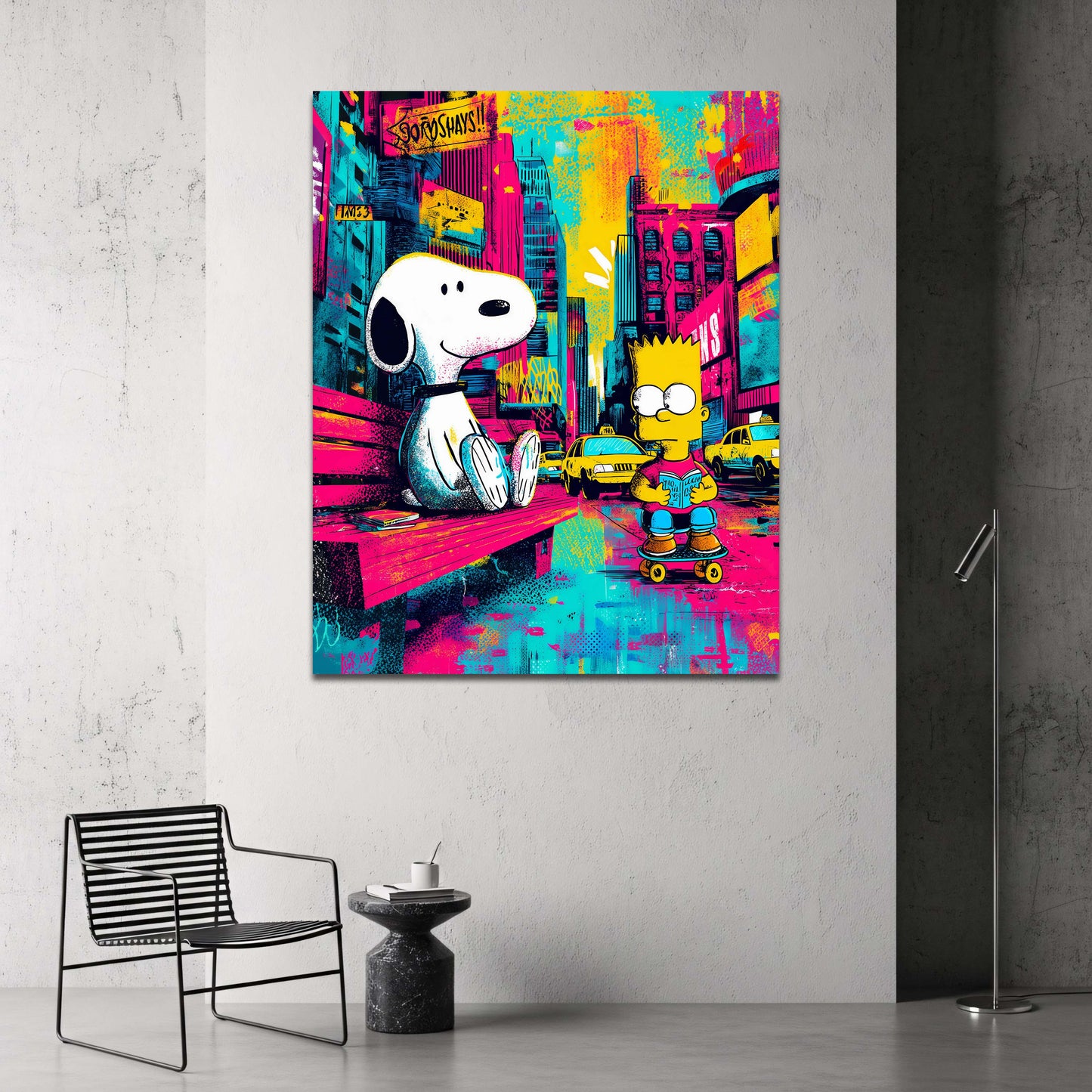 Snoopy und Bart Simpson in buntem New York Pop Art Wandbild