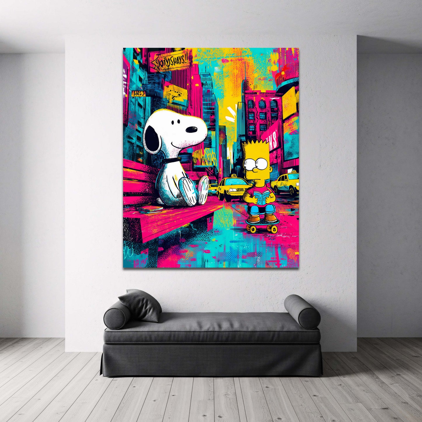 Snoopy und Bart Simpson in buntem New York Pop Art Wandbild