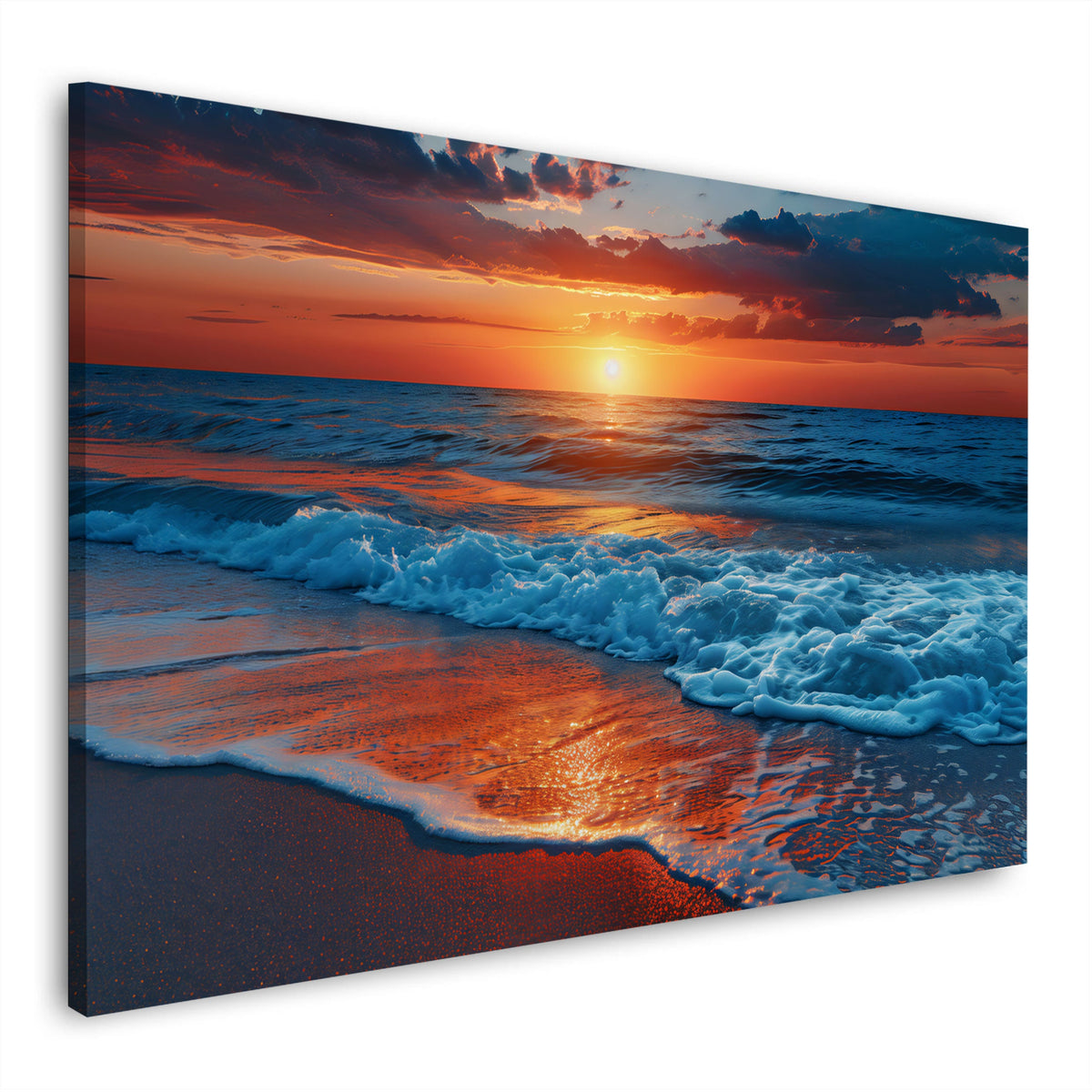 Sonnenuntergang am Meer mit Wellen Wandbild im Querformat