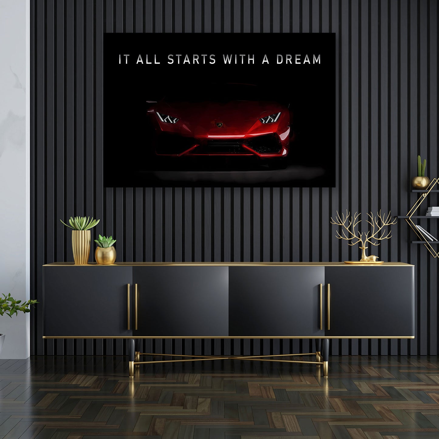 Sportwagen Motivation It all Starts with a Dream Wandbild