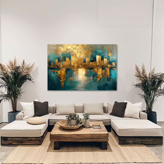 Stadt Skyline in Gold und Pastelltönen als Wandbild