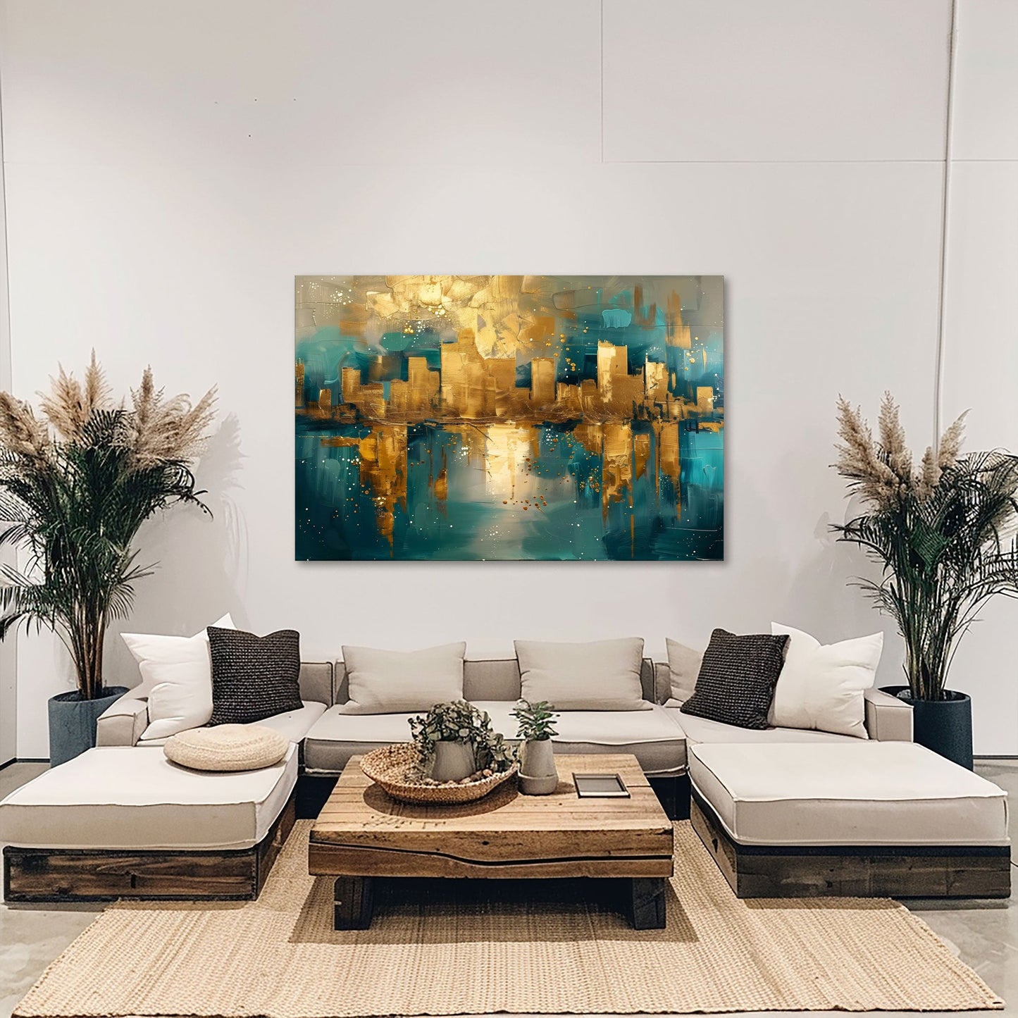 Stadt Skyline goldenes Gemälde in Pastelltönen Wandbild