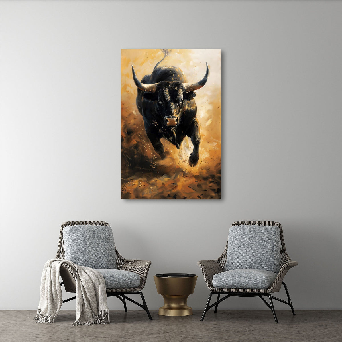 Stier Wandbild in malerischer Optik im Raum