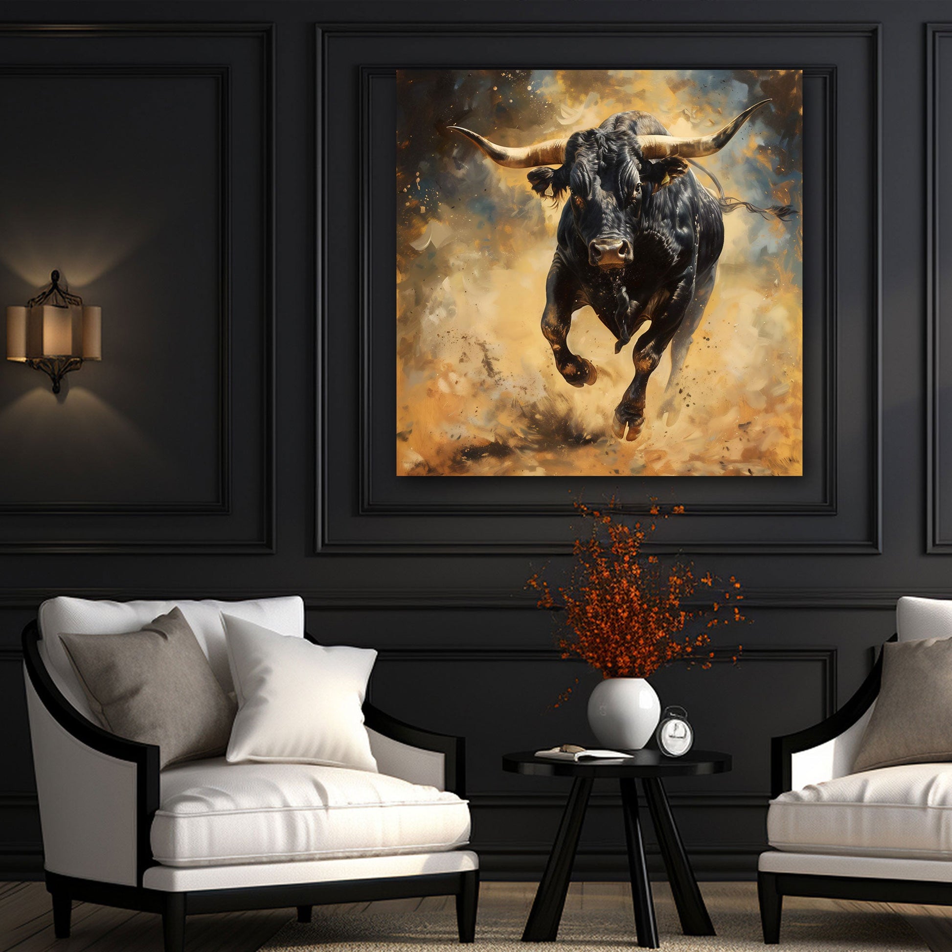 Stier Frontalportrait abstrakt farbenfroh Wandbild