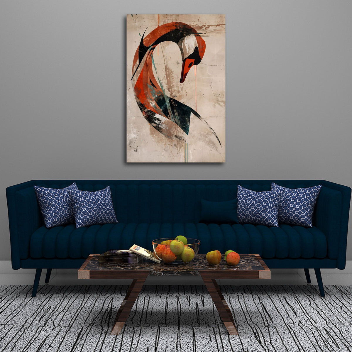 Schwan Wandbild über einem Sofa im Wohnraum