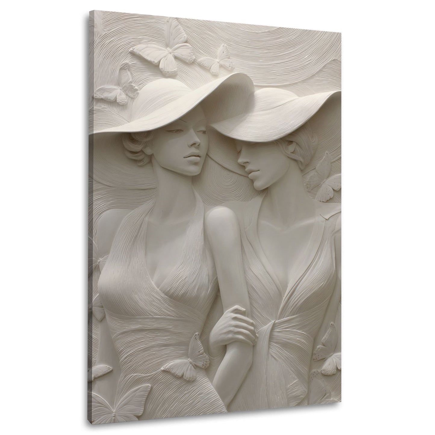 Stilvolle Damen Skulptur mit Hüten und Schmetterlingen Wandbild