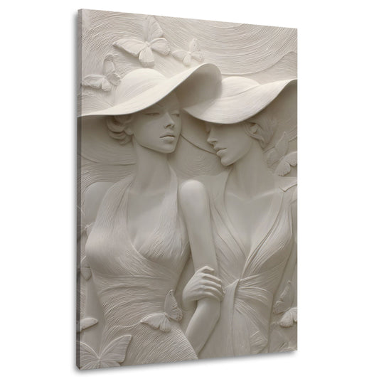 Stilvolle Damen Skulptur mit Hüten und Schmetterlingen Wandbild