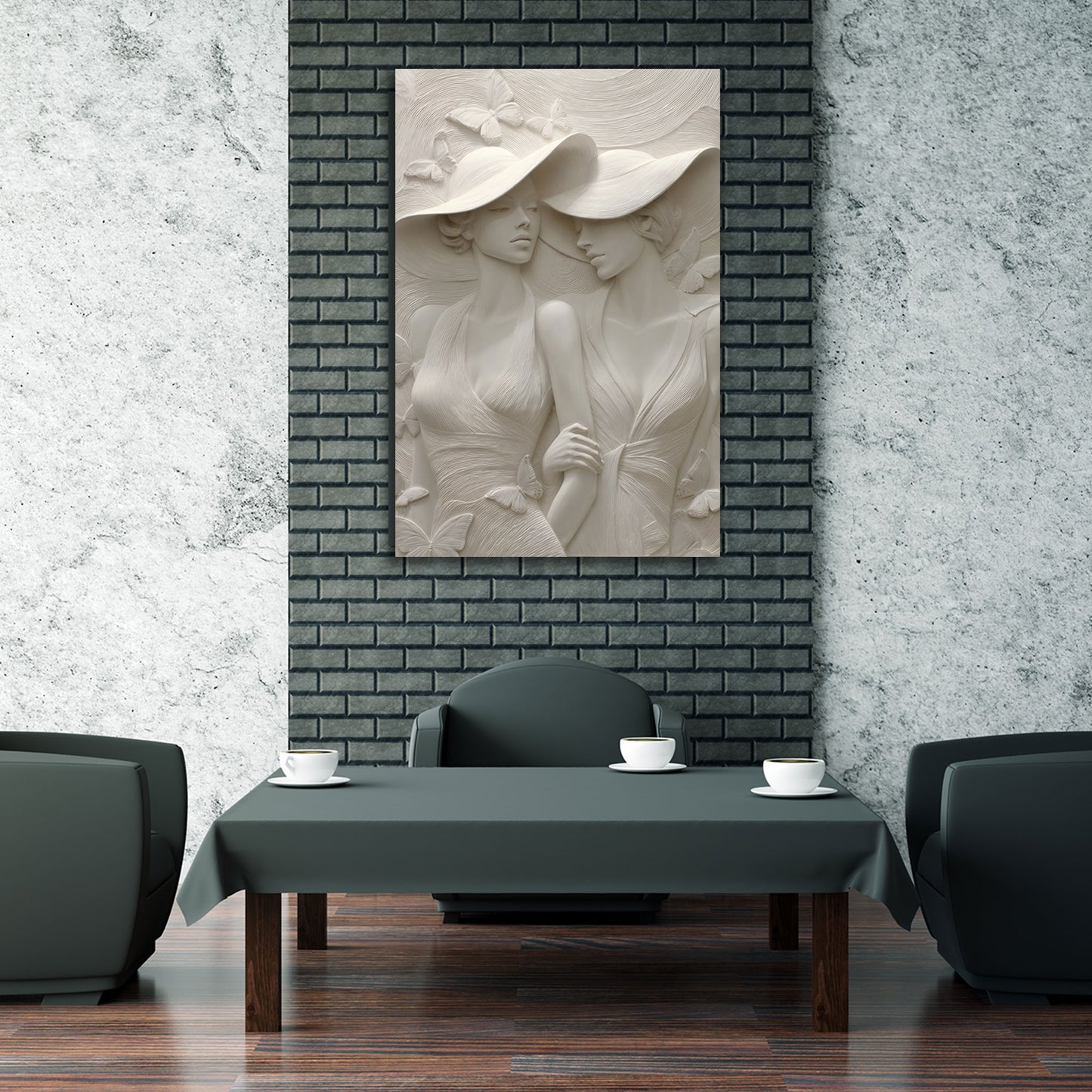 Stilvolle Damen Skulptur mit Hüten und Schmetterlingen Wandbild
