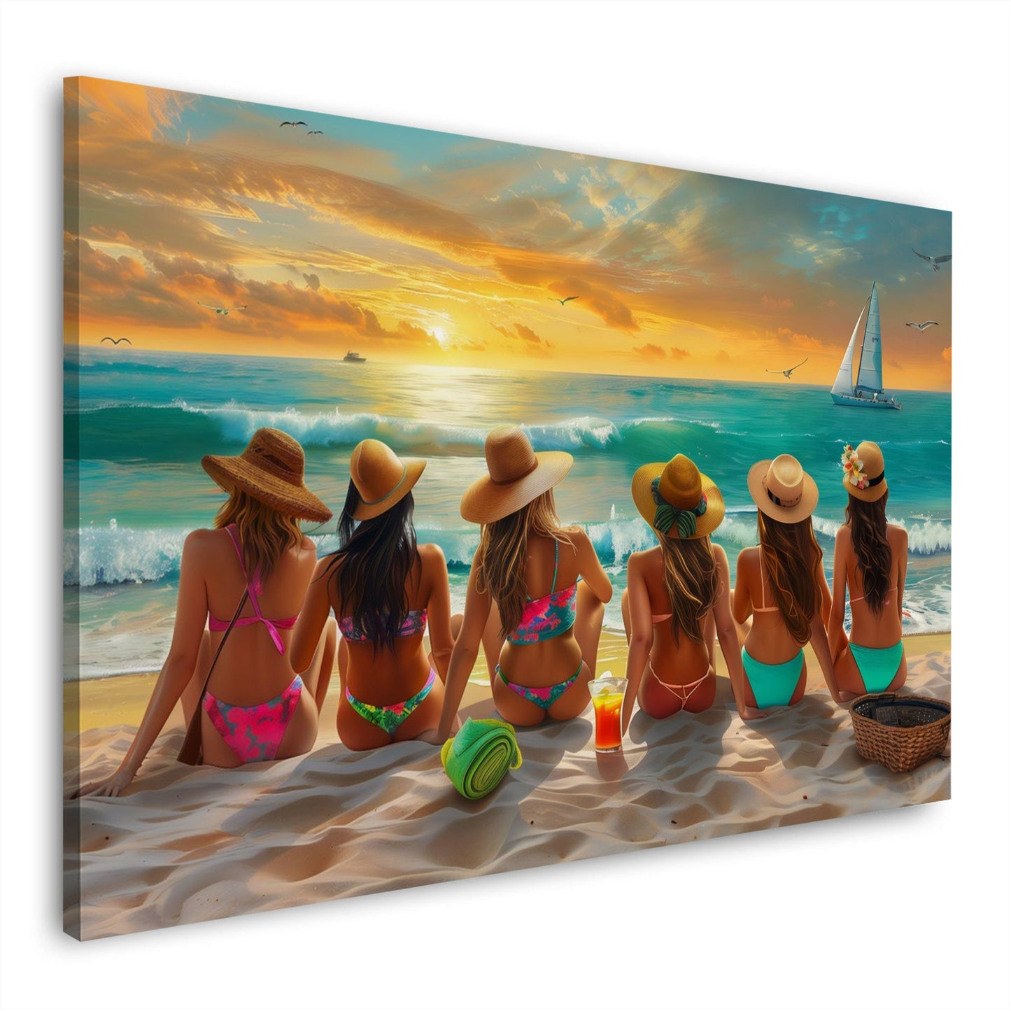 Strandszene Frauen farbenfroh in Aquarell Wandbild