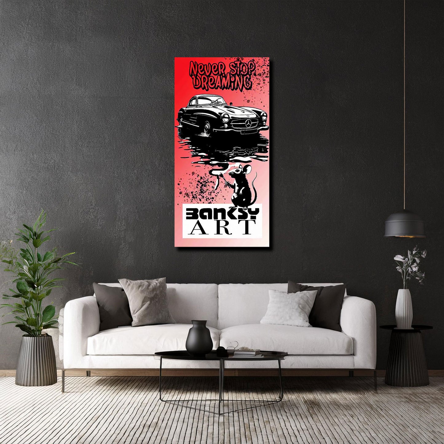 Street Art Auto und Ratte Never Stop Dreaming BANKSY-ART Wandbild
