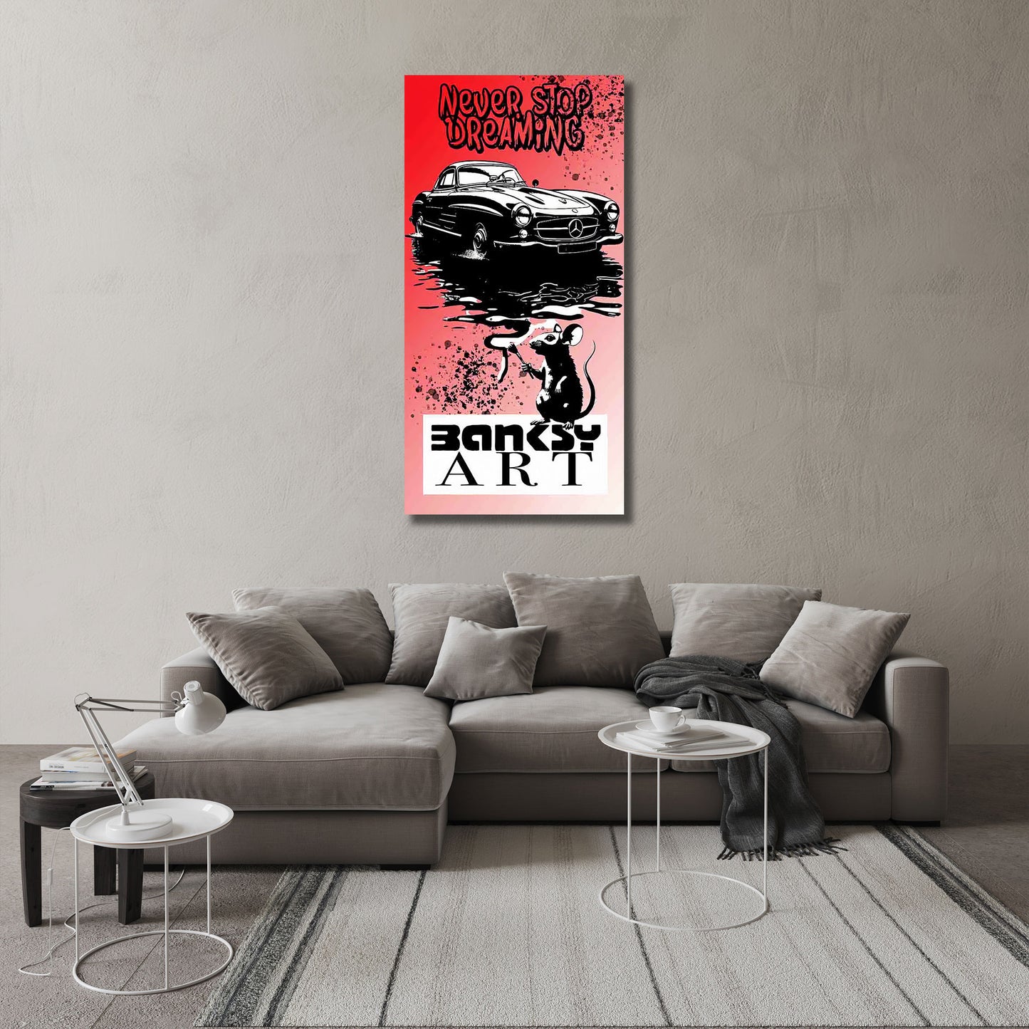 Street Art Auto und Ratte Never Stop Dreaming BANKSY-ART Wandbild