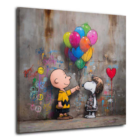 Street Art Comic Charlie Junge mit Hund Ballons Graffiti Wandbild