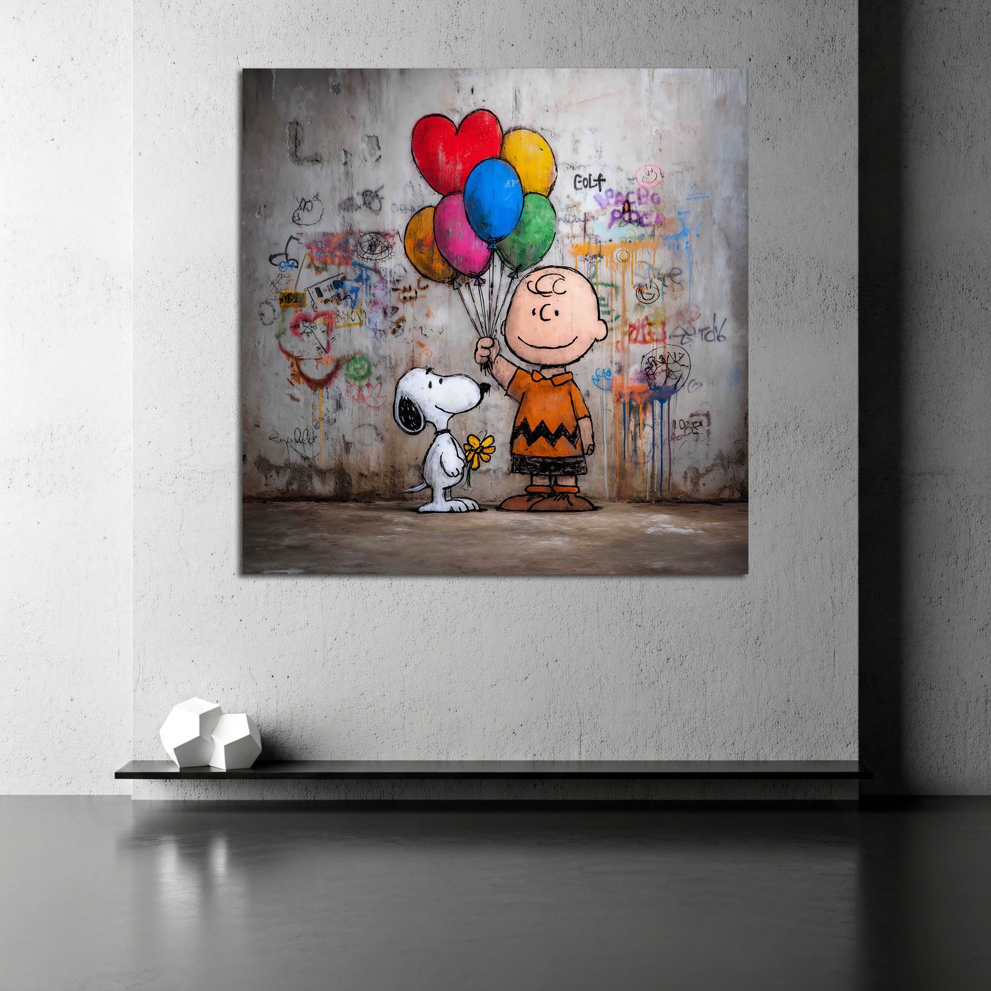 Street Art Comic Charlie mit Hund und Herzballons Wandbild
