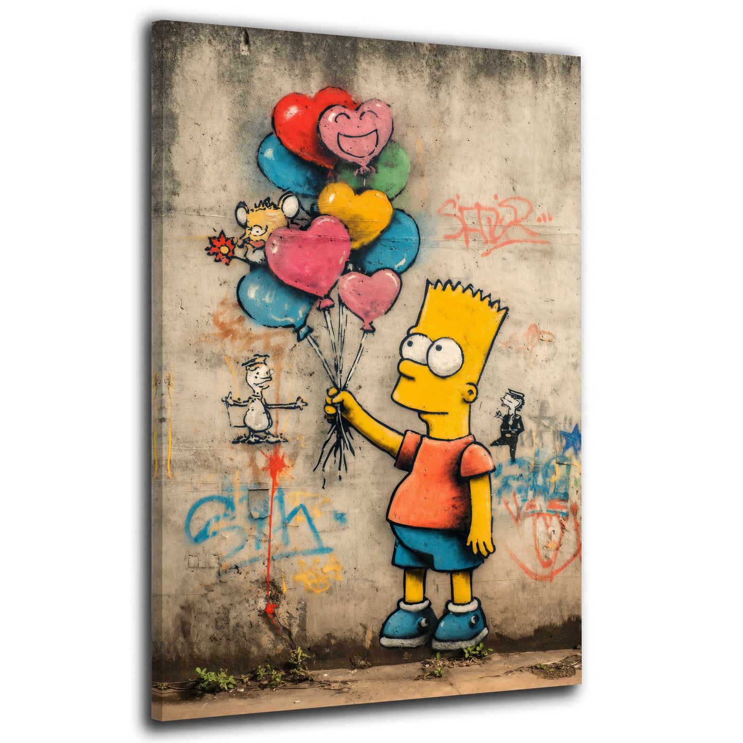 Street Art Bart Comicfigur Ballons Herzmotiv Graffiti Wandbild