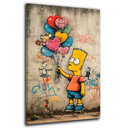 Street Art Bart Comicfigur Ballons Herzmotiv Graffiti Wandbild