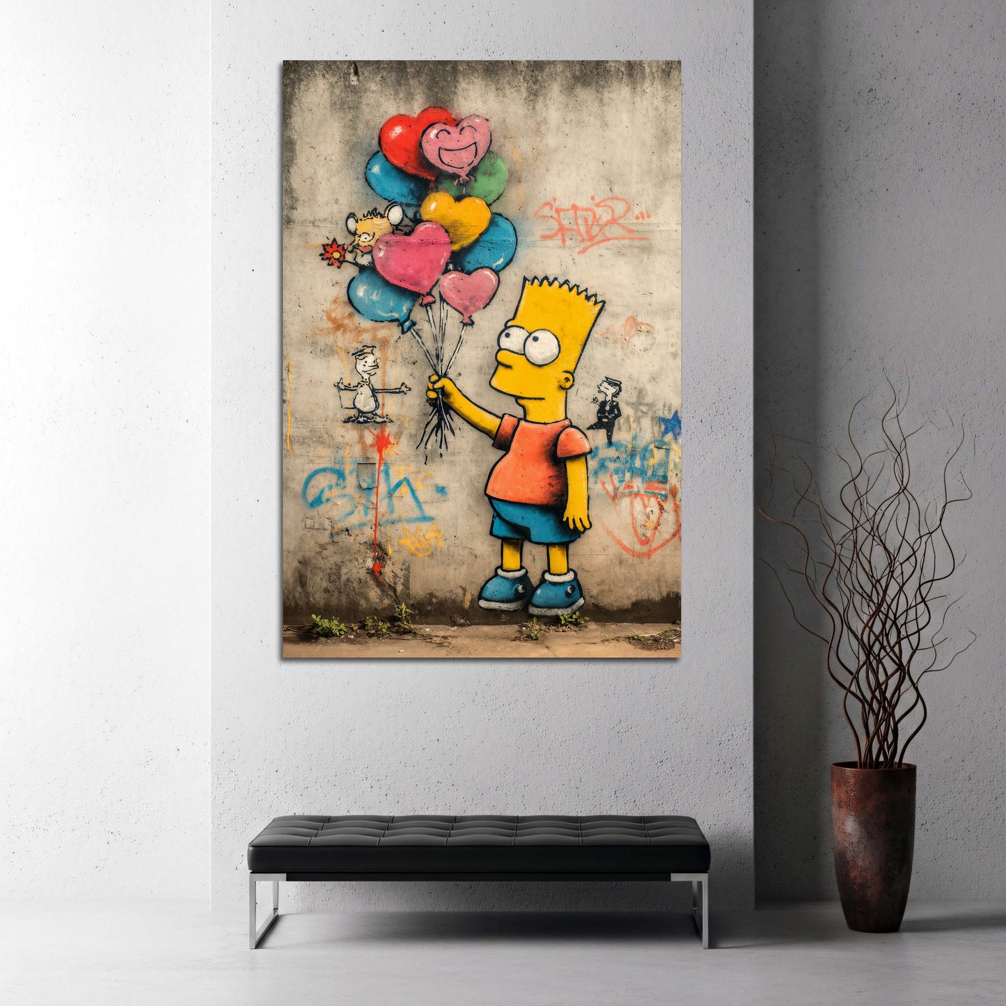 Street Art Bart Comicfigur Ballons Herzmotiv Graffiti Wandbild