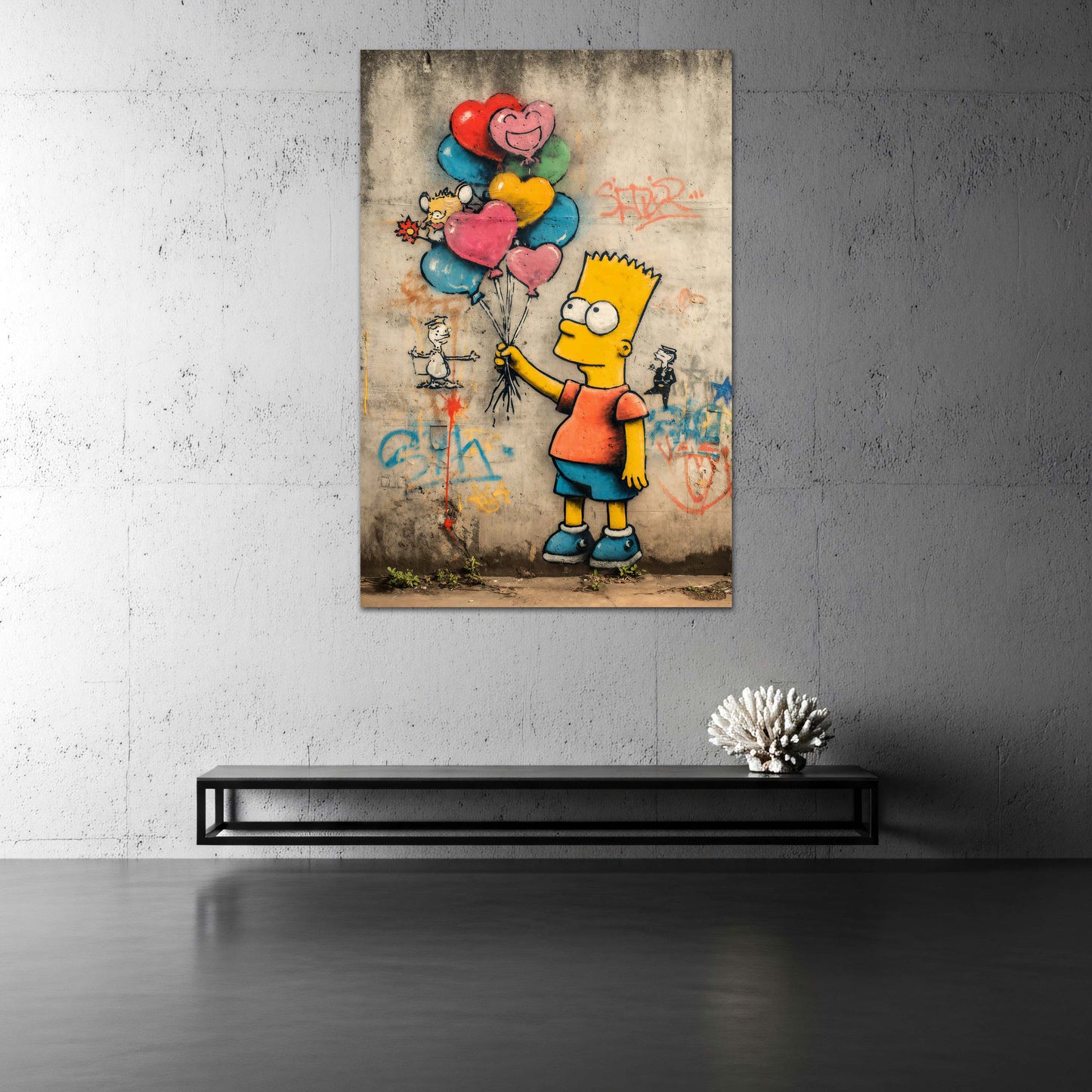 Street Art Bart Comicfigur Ballons Herzmotiv Graffiti Wandbild