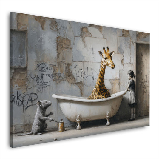 Street Art Giraffe Badewanne Mädchen Ratte Wandbild