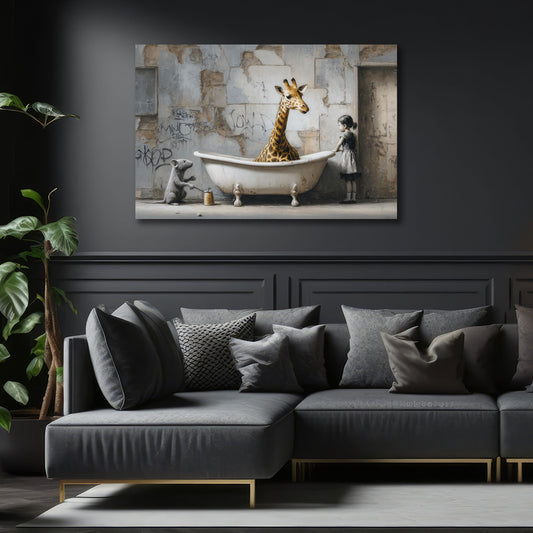 Street Art Giraffe Badewanne Mädchen Ratte Wandbild