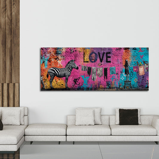 Street Art Graffiti Zebra Love Schrift Mädchen Wäscheleine Wandbild
