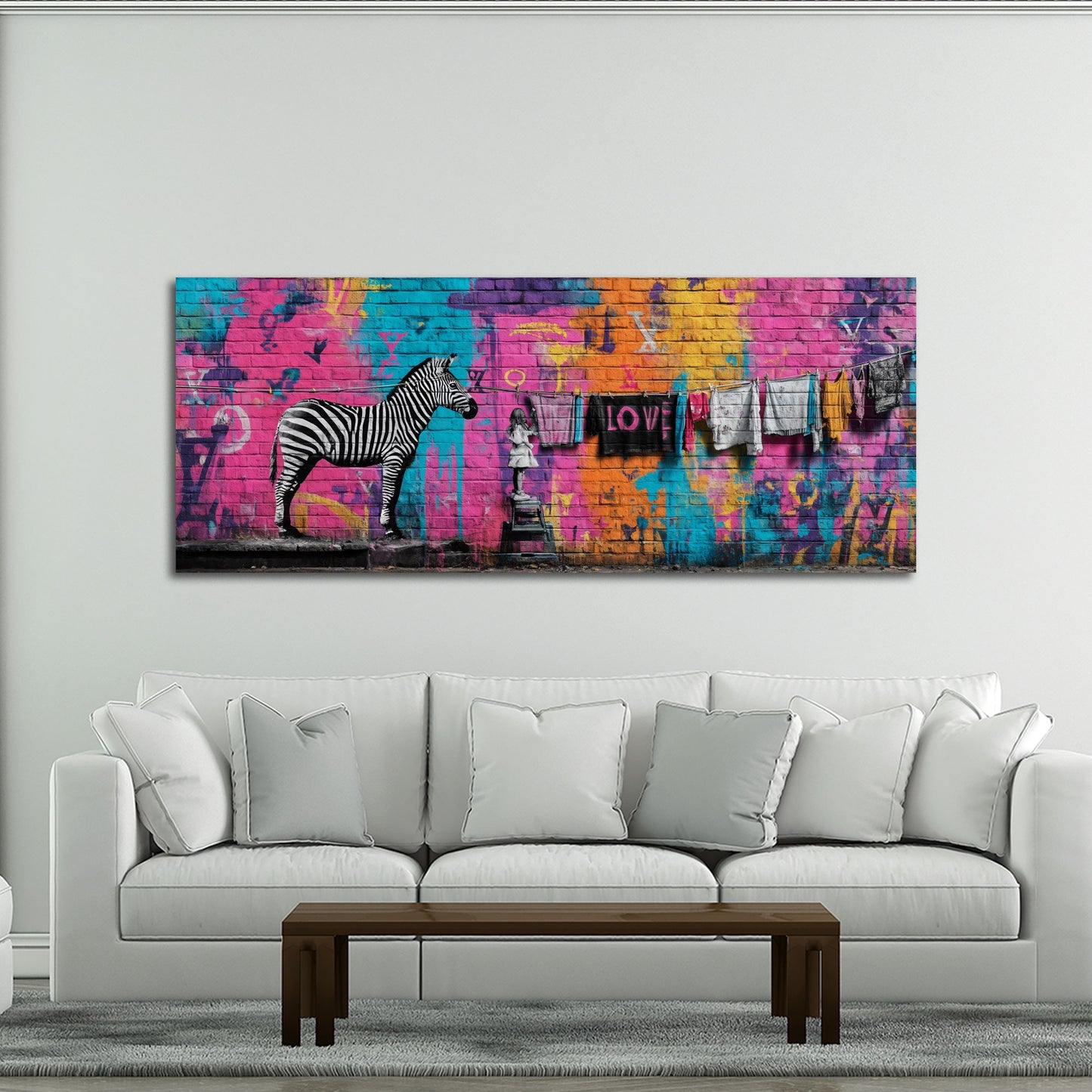 Street Art Graffiti Zebra Mädchen Wäscheleine Liebe Wandbild