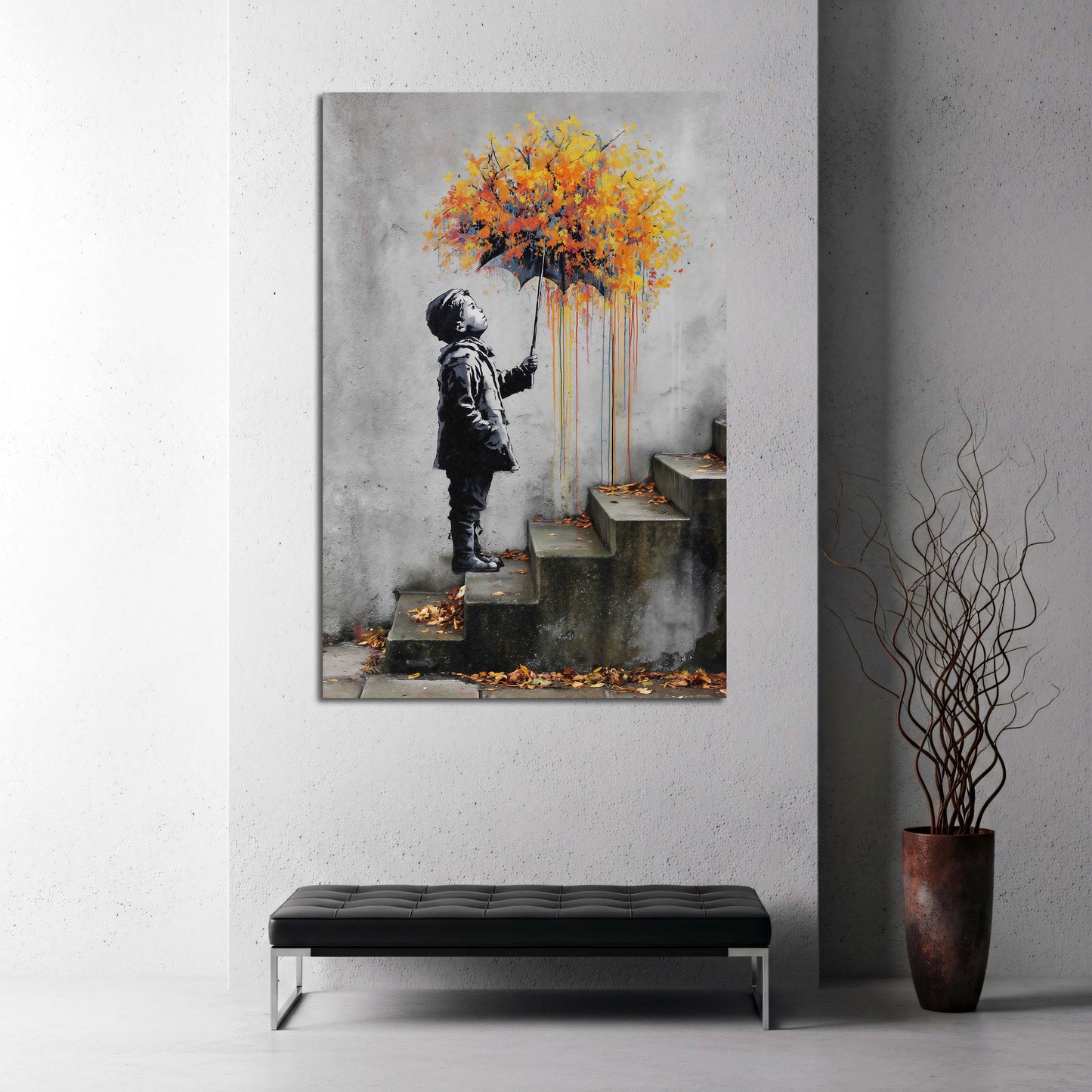 Street Art Junge Regenschirm Herbstfarben Wandbild
