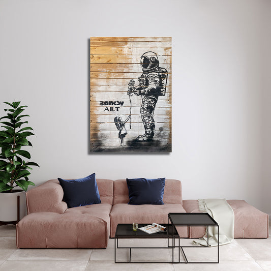 Street Art Kind gibt Astronaut verwelkte Blume BANKSY-ART Wandbild