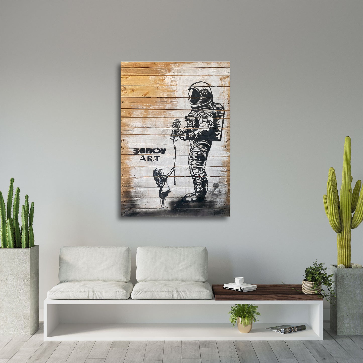Street Art Kind gibt Astronaut verwelkte Blume BANKSY-ART Wandbild