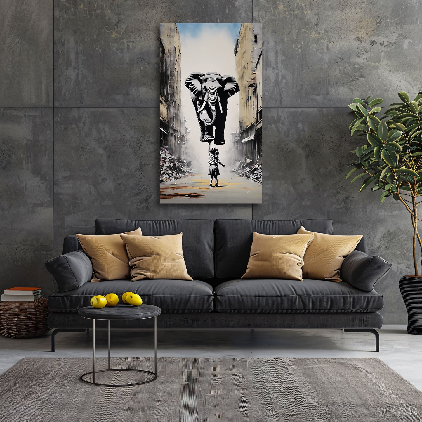 Street Art Kind hebt Elefant in einer Gasse BANKSY-ART Wandbild