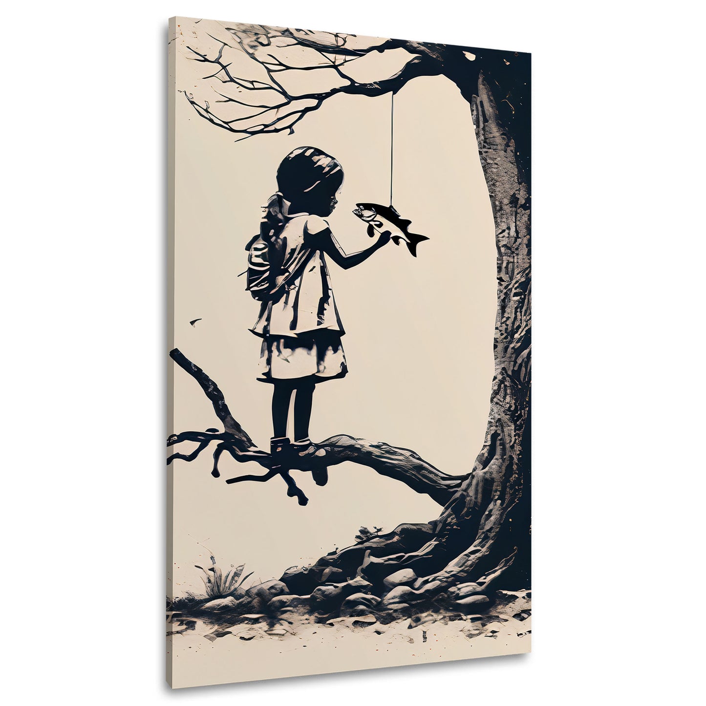 Street Art Kind mit Fisch am Baum BANKSY-ART Wandbild