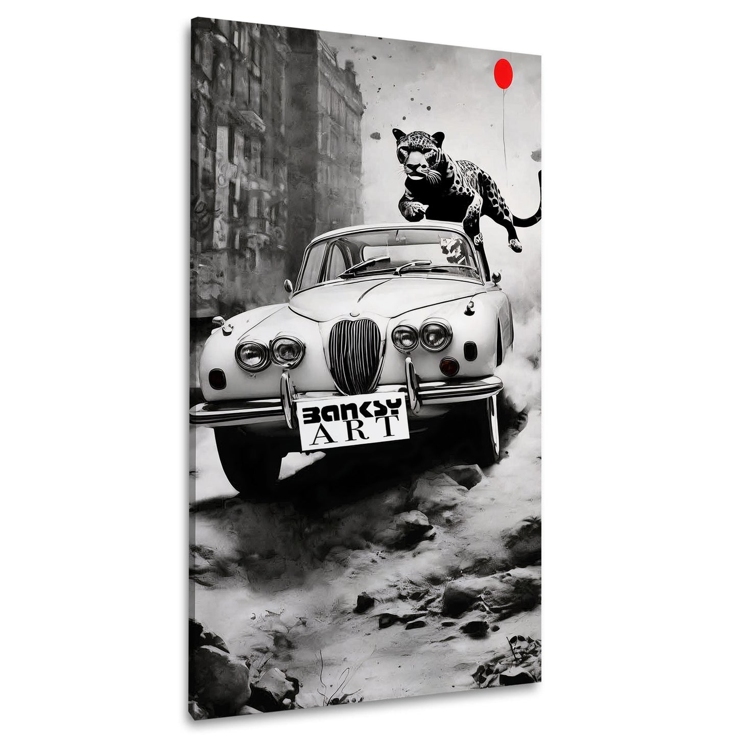 Street Art Leopard auf Auto mit rotem Ballon BANKSY-ART Wandbild