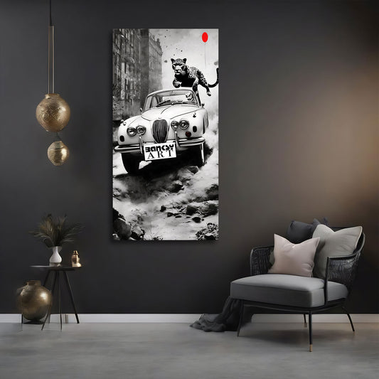 Street Art Leopard auf Auto mit rotem Ballon BANKSY-ART Wandbild