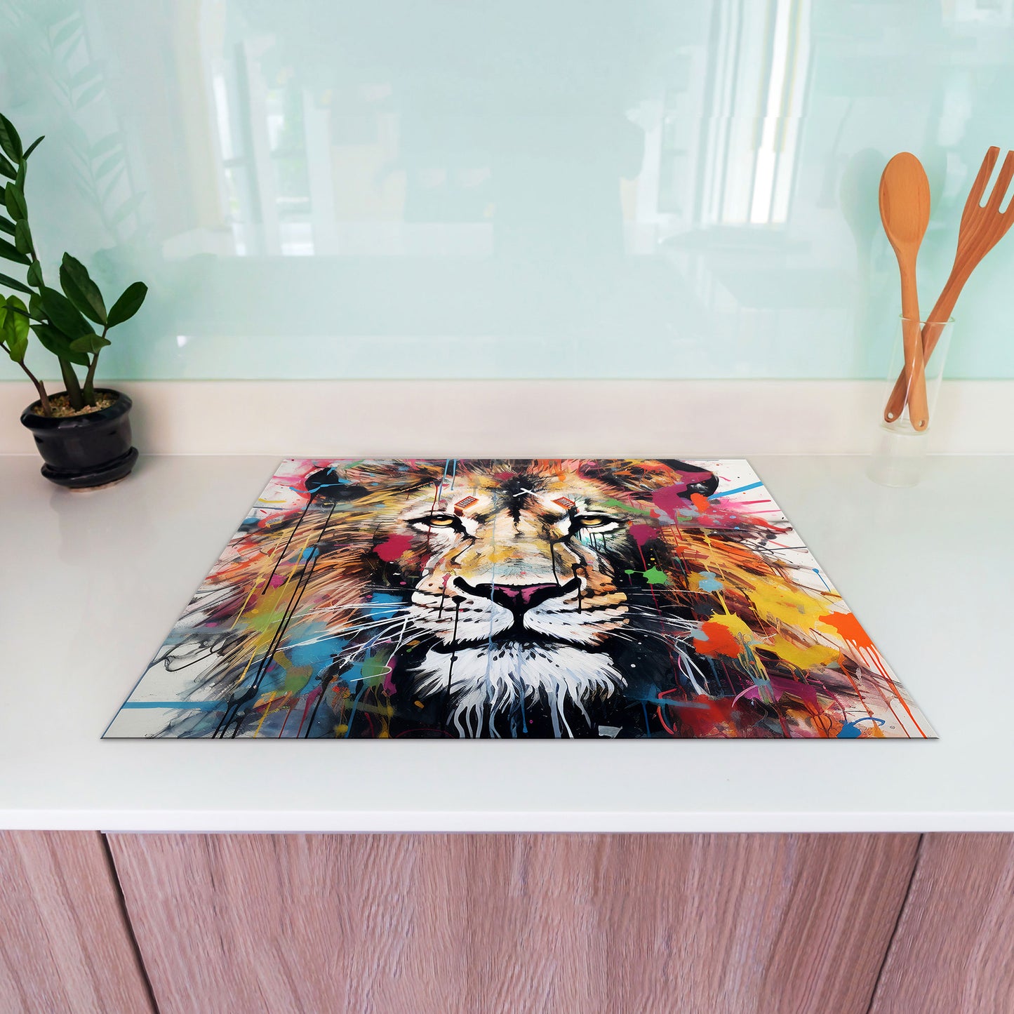 Street Art Löwenkopf Herdabdeckplatte Induktionsschutz für Ceranfeld & Küche Deko