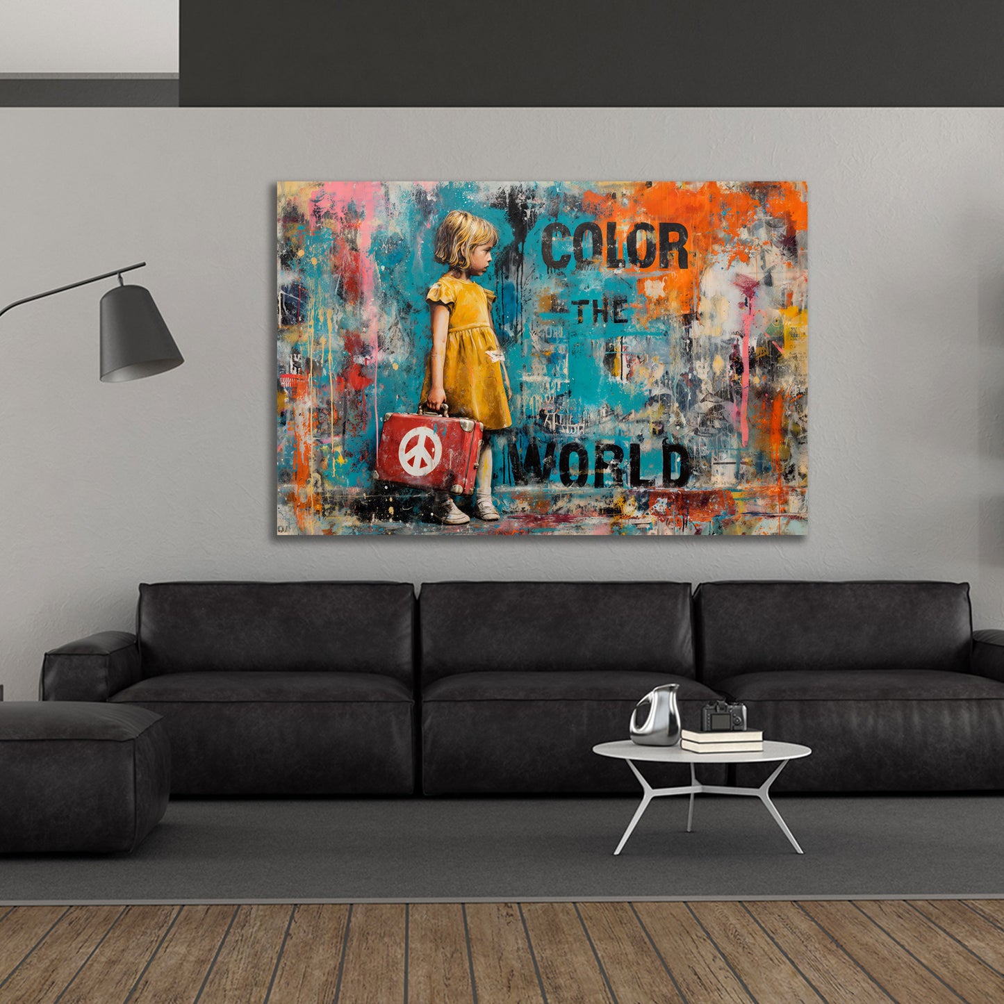 Street Art Mädchen Frieden-Symbol Reise Color The World Wandbild