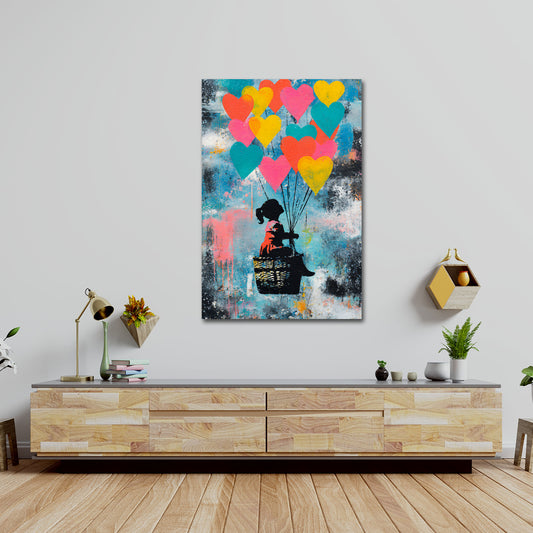 Street Art Mädchen Herz Ballons bunt Liebe Wandbild