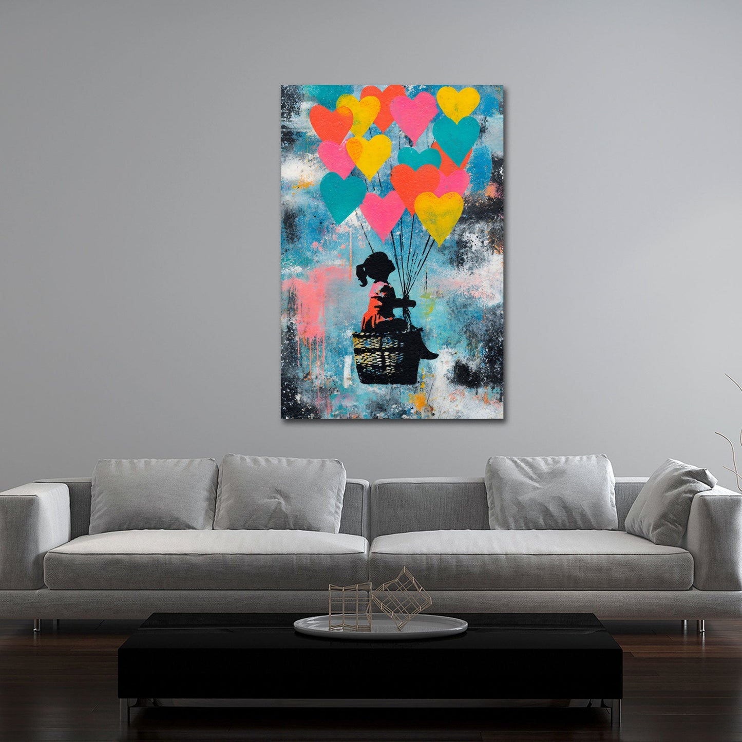 Street Art Mädchen mit Herzballons Wandbild