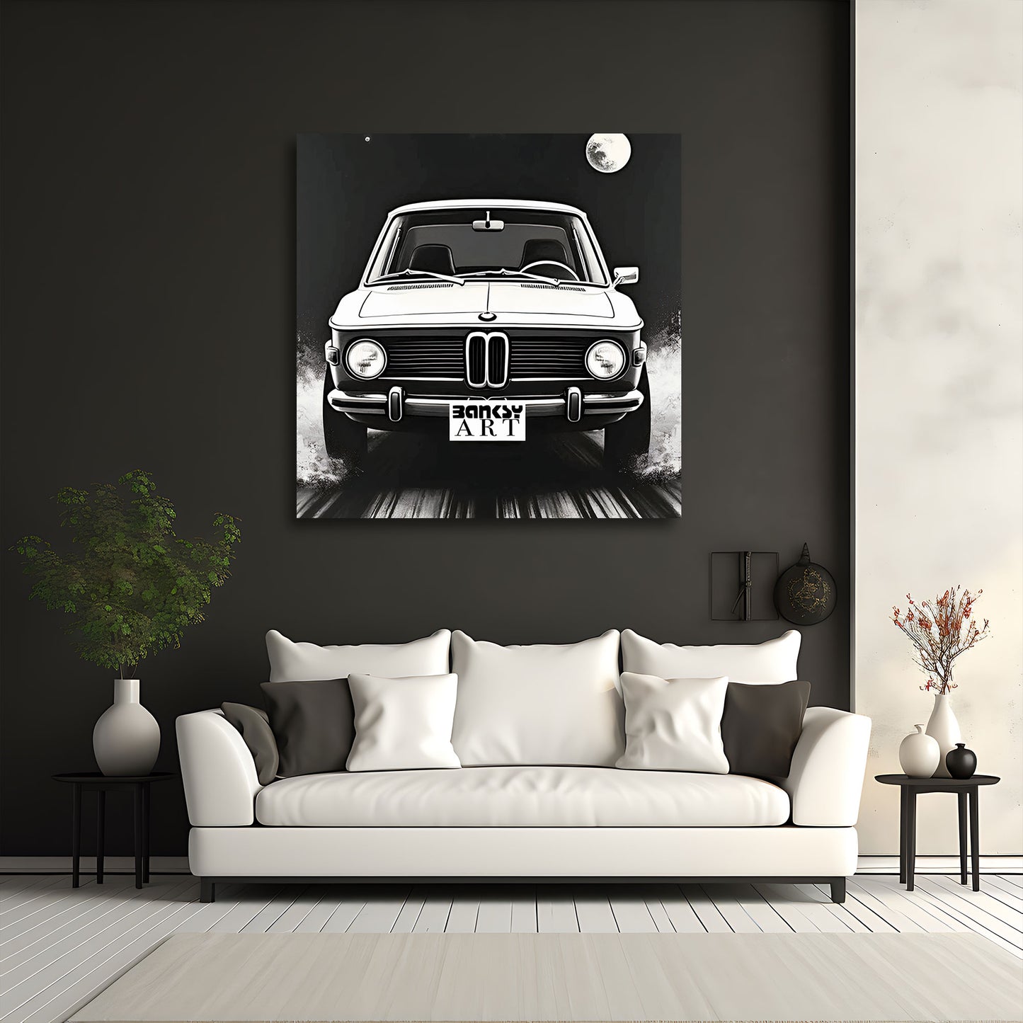 Street Art Retro Auto frontal bei Nacht BANKSY-ART Wandbild