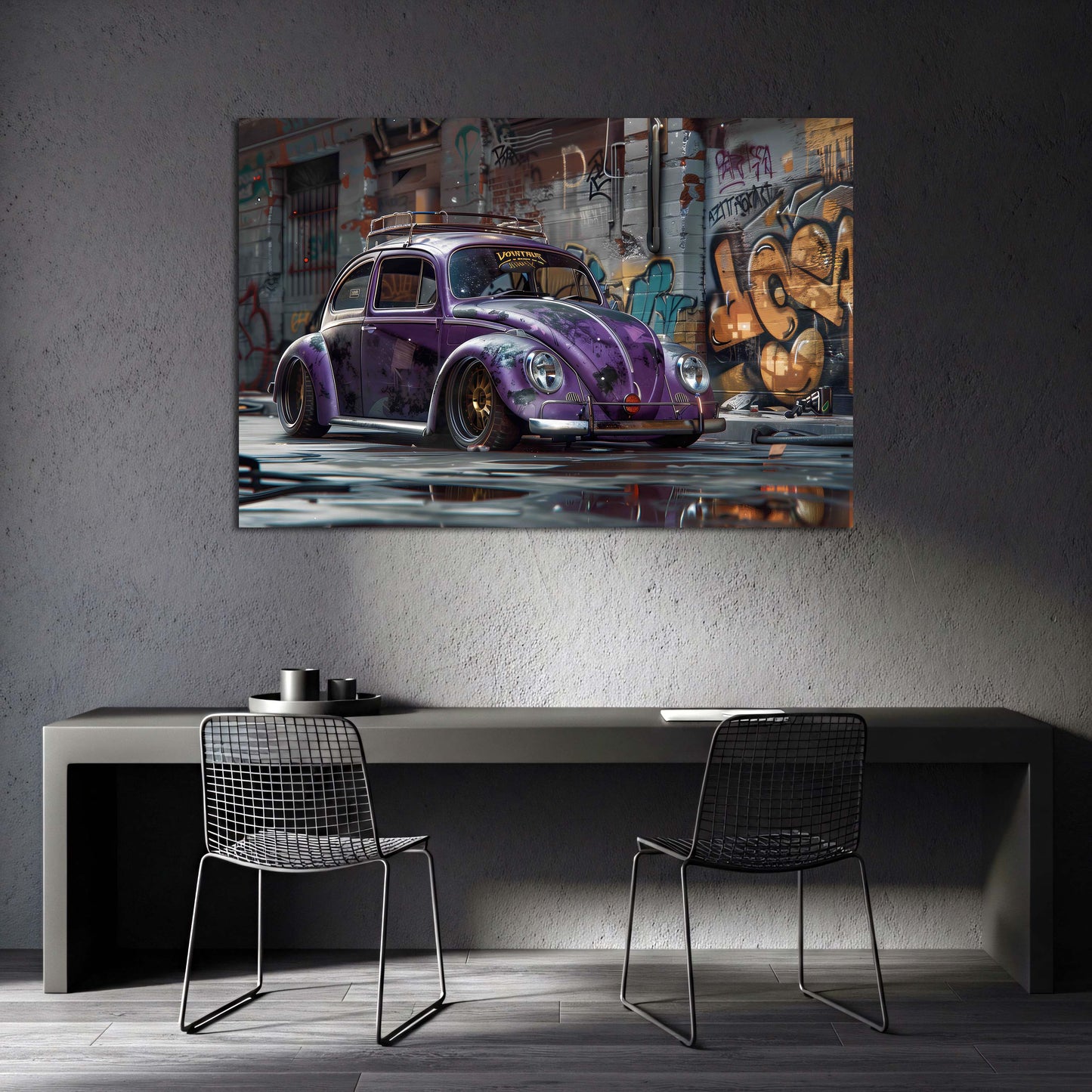 Street Art VW Käfer Lila Auto Graffiti Wandbild