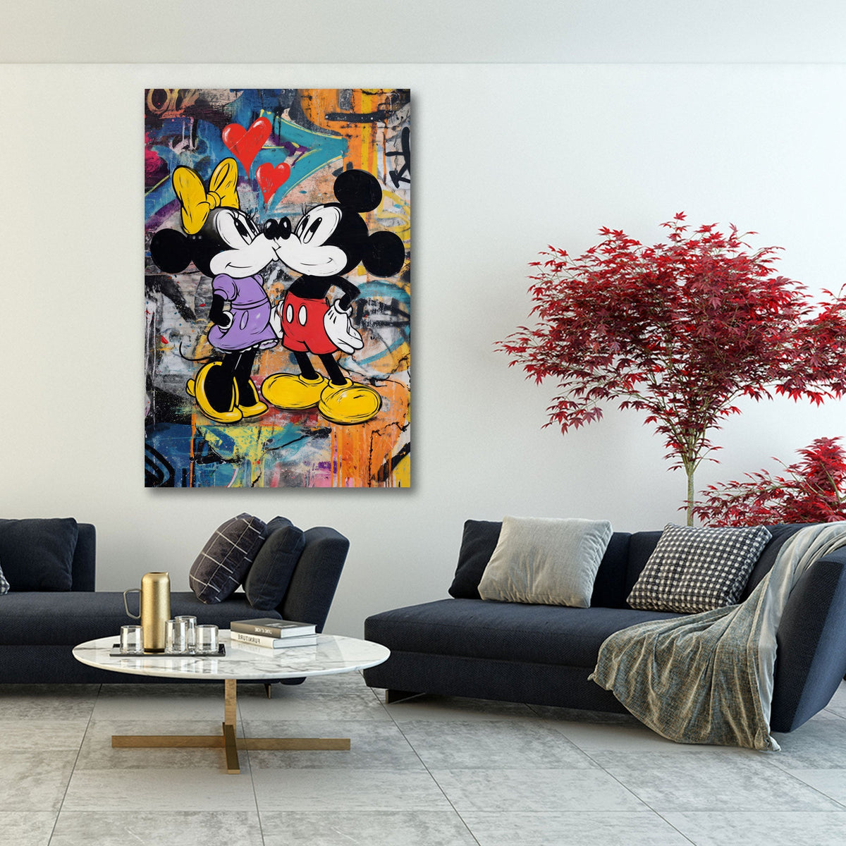 Süßes Maus Paar Pop Art mit roten Herzen Wandbild Wohnbeispiel