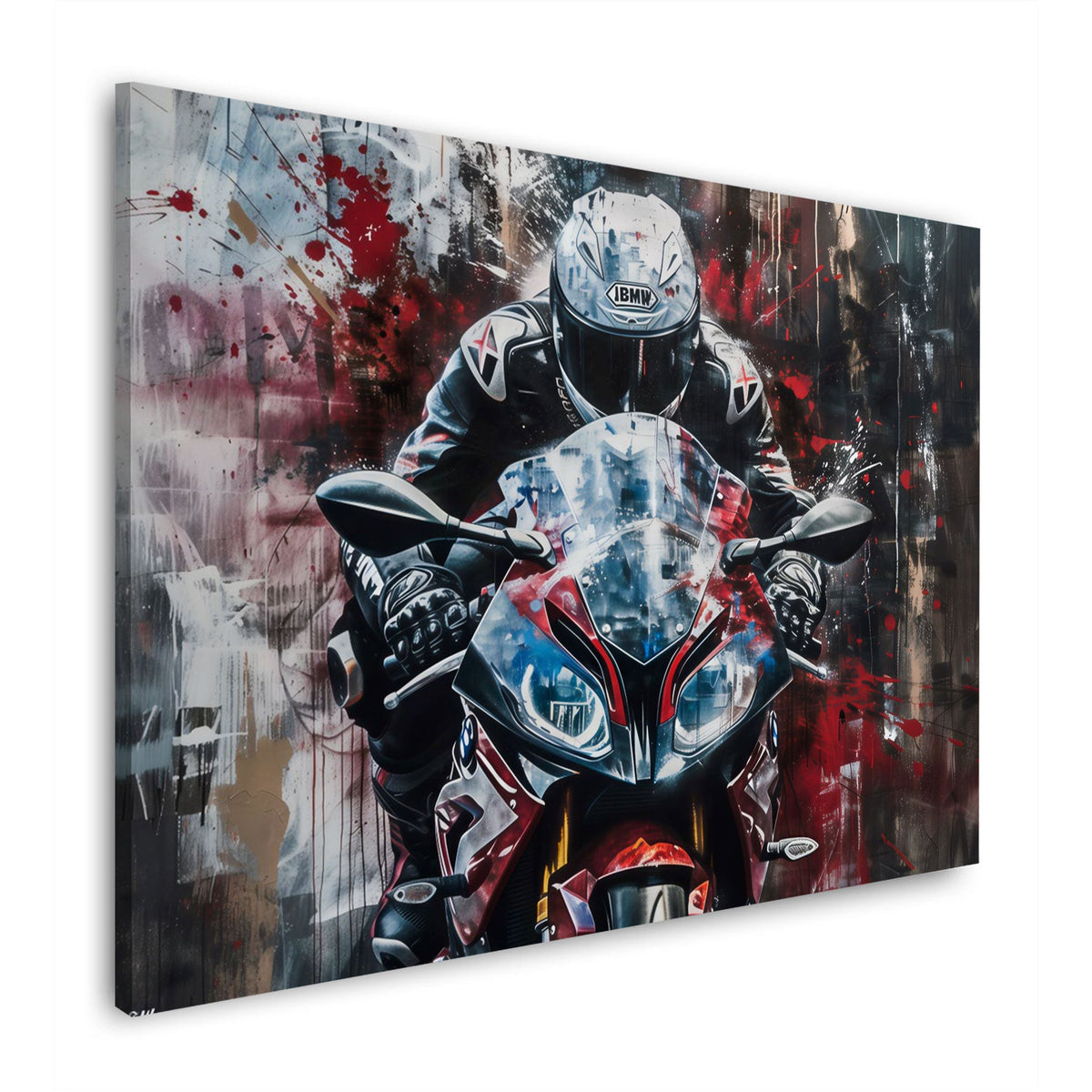 Motorrad mit Fahrer in Rot und Weiß Street Art Wandbild