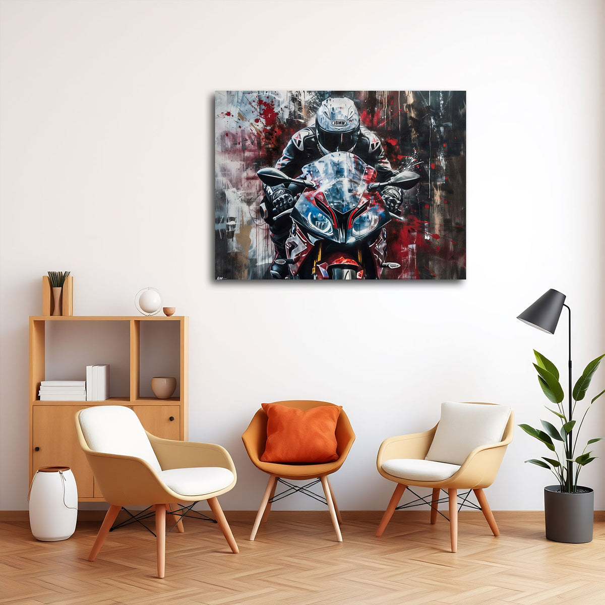 Motorrad mit Fahrer in Rot und Weiß Street Art Wandbild