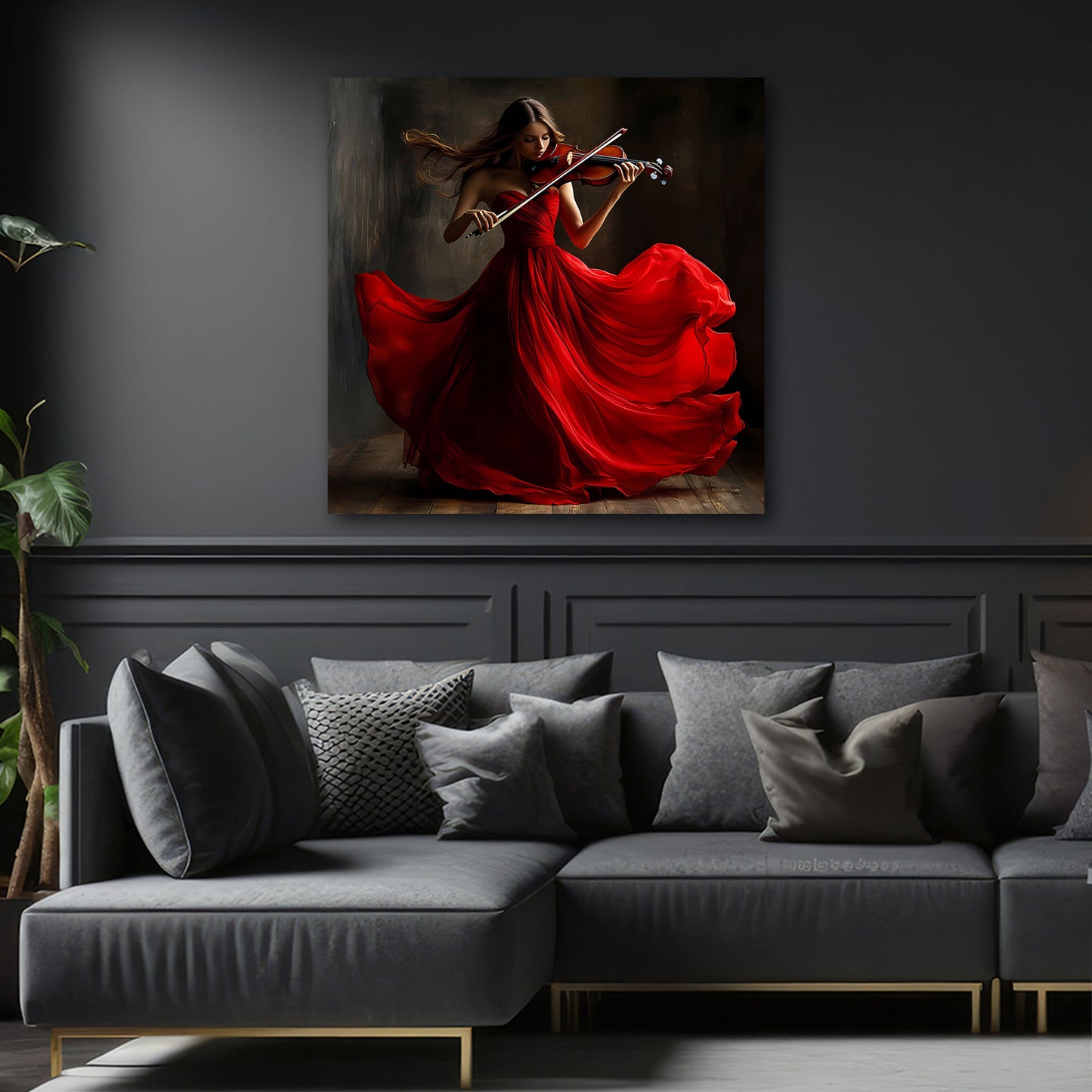 Tanzende Frau mit Violine im roten Kleid Wandbild