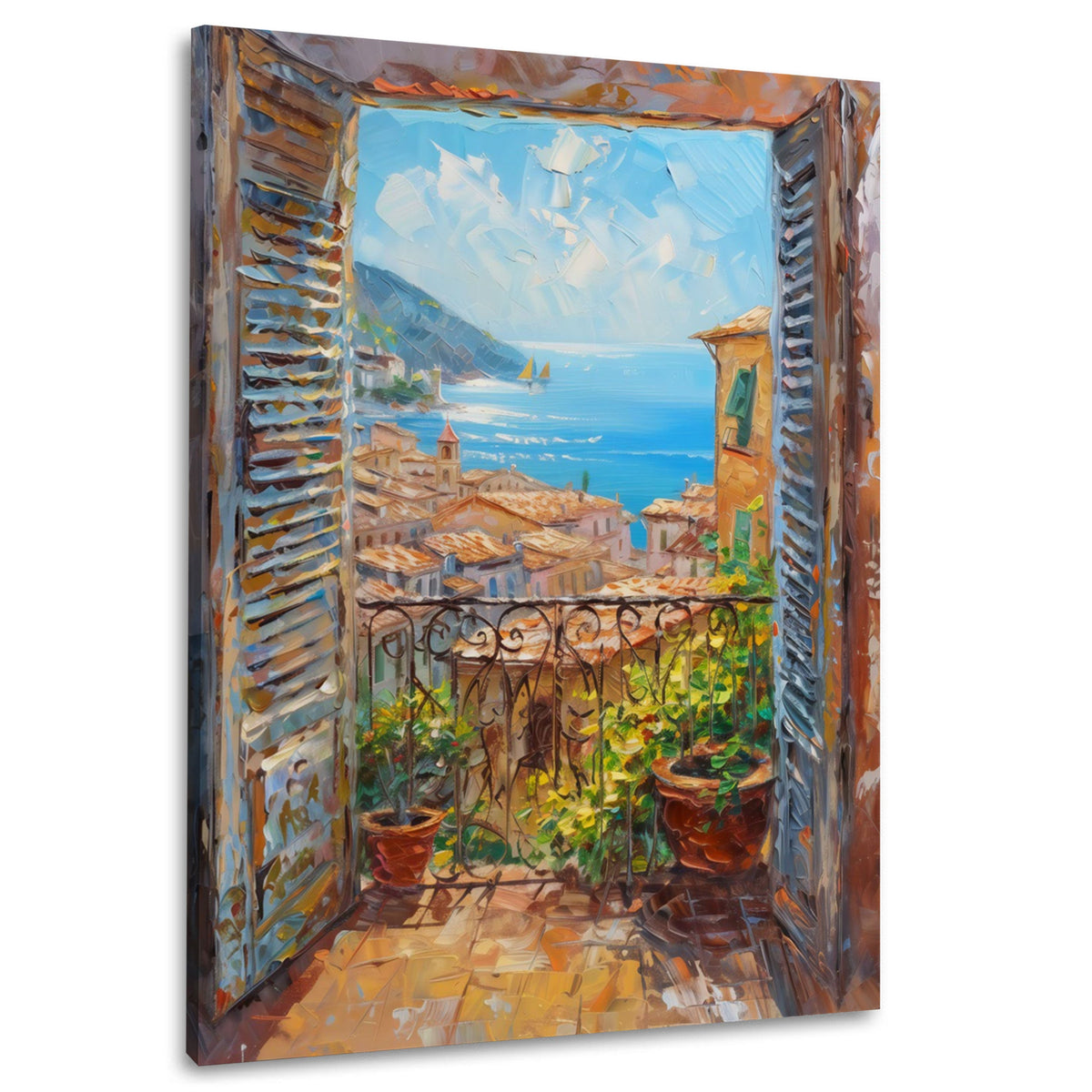 Terrasse mit Blumentöpfen und Blick aufs Meer – Wandbild