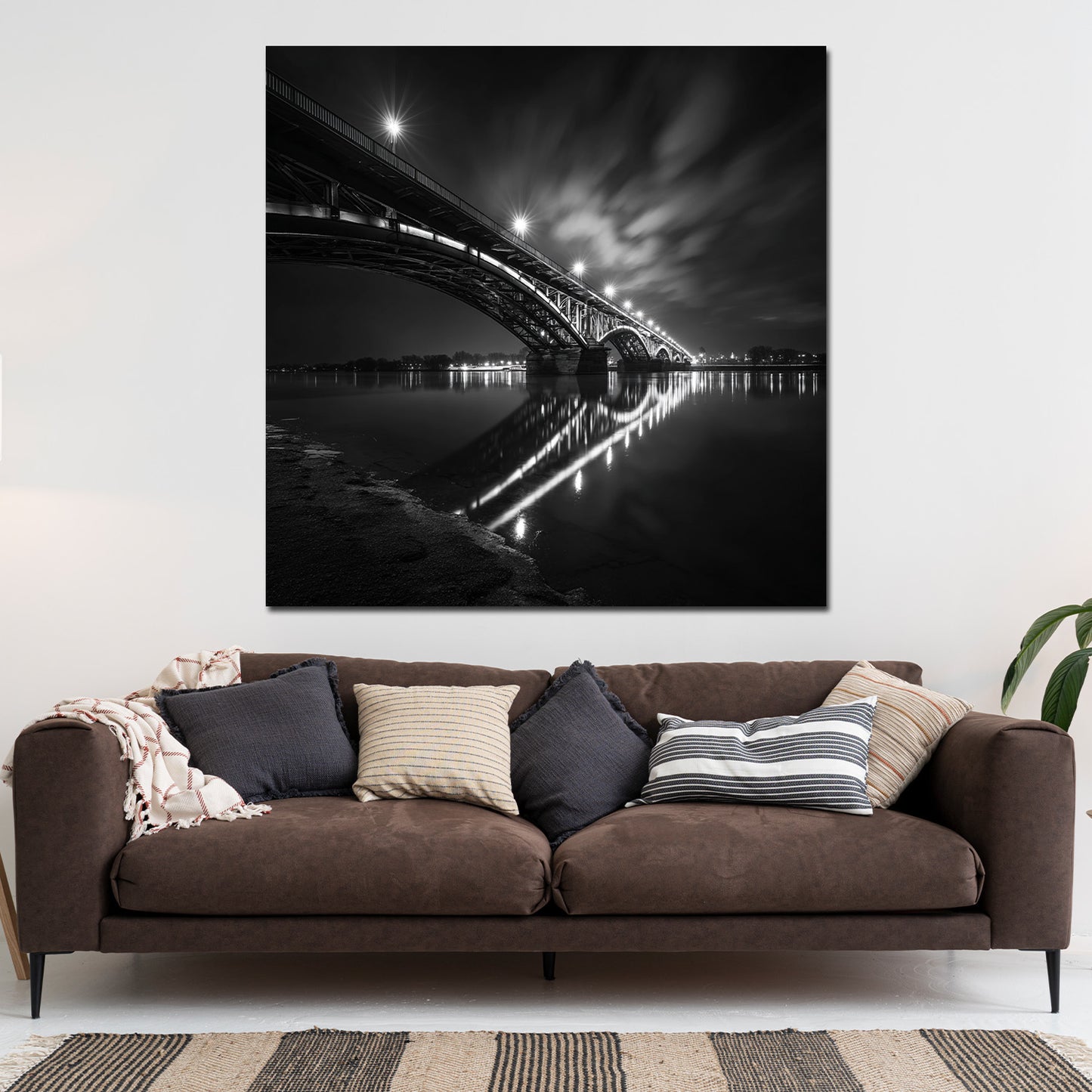 Theodor-Heuss-Brücke Mainz bei Nacht schwarz weiß Wandbild