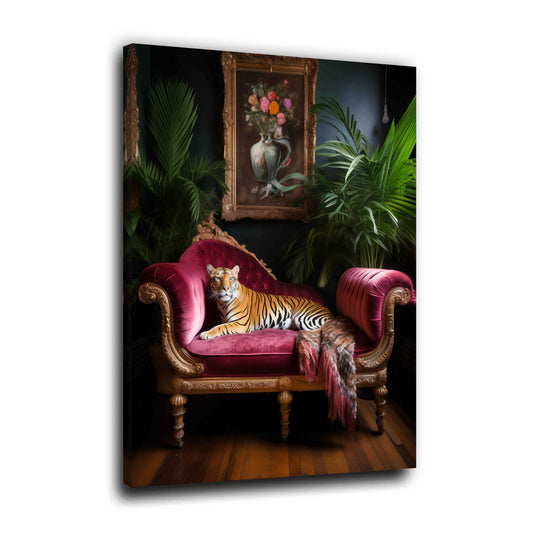 Tiger auf Samt Sofa Exotisch Luxus Interieur Wandbild