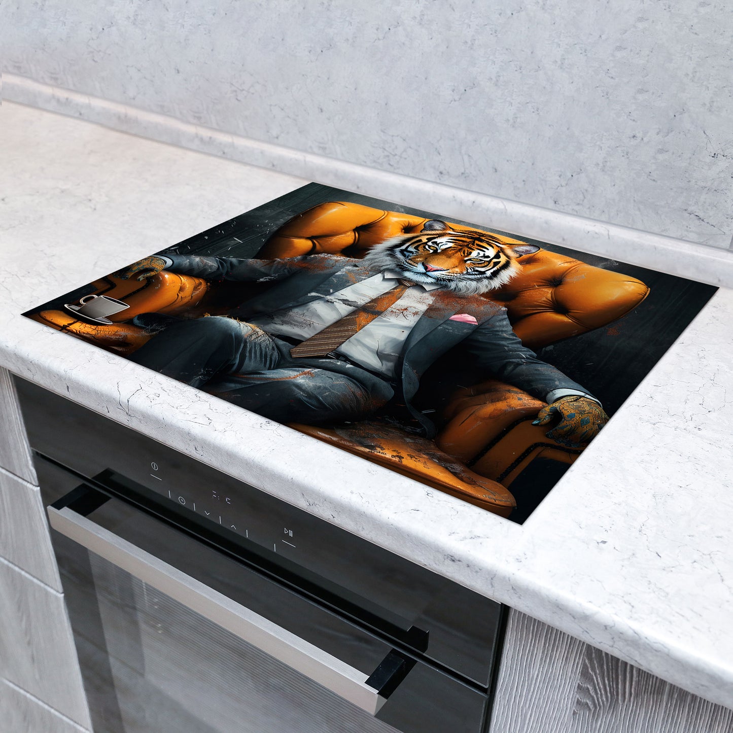 Tiger im Anzug Pop Art Herdabdeckplatte Induktionsschutz für Ceranfeld & Küche Deko