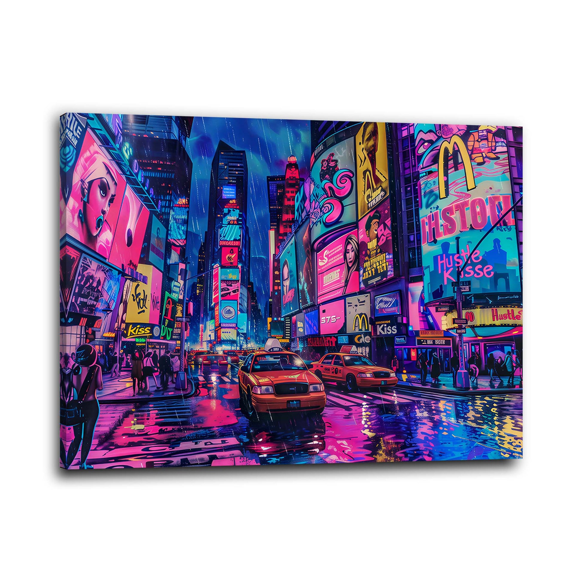 Times Square Taxis im Regen Neon Wandbild