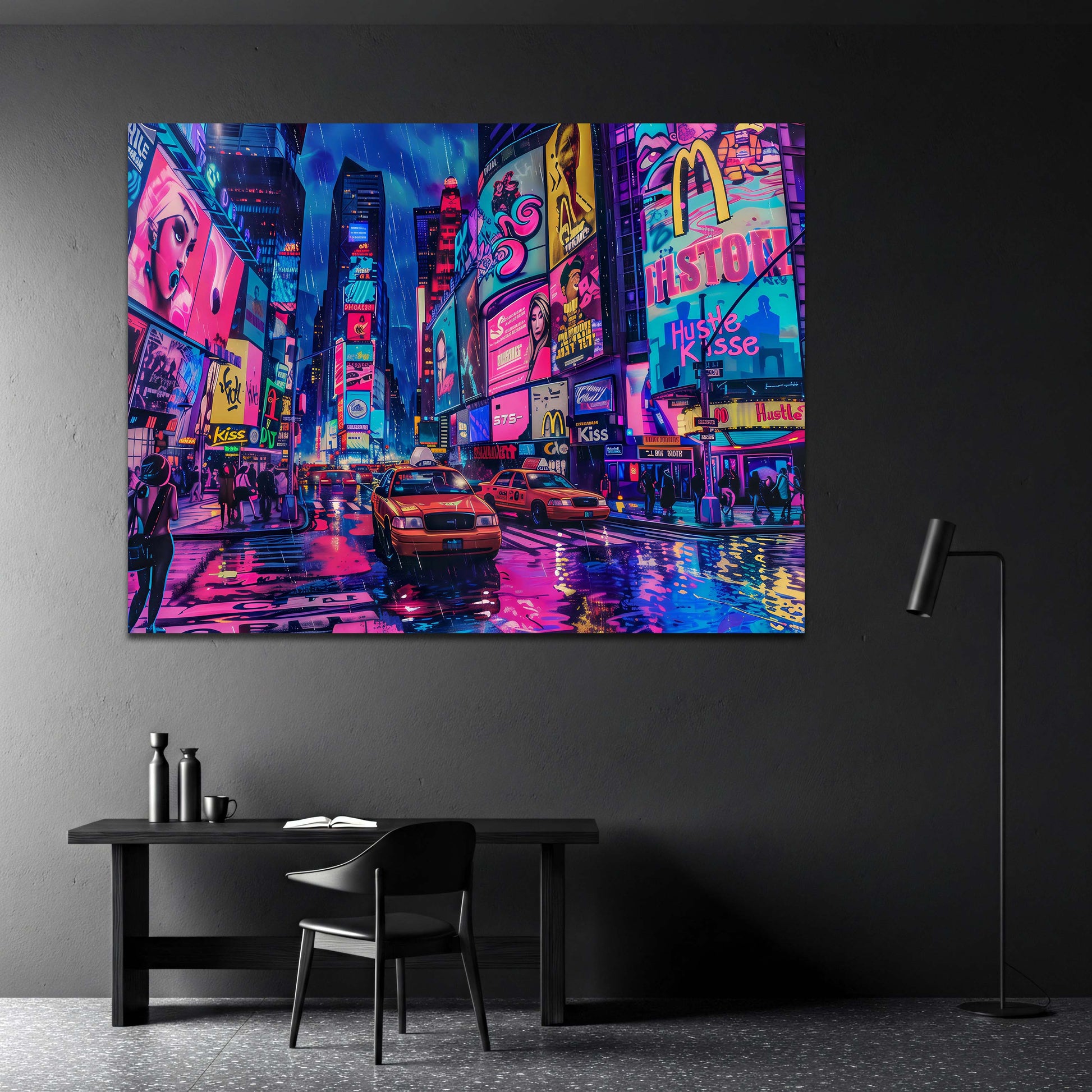Times Square Taxis im Regen Neon Wandbild