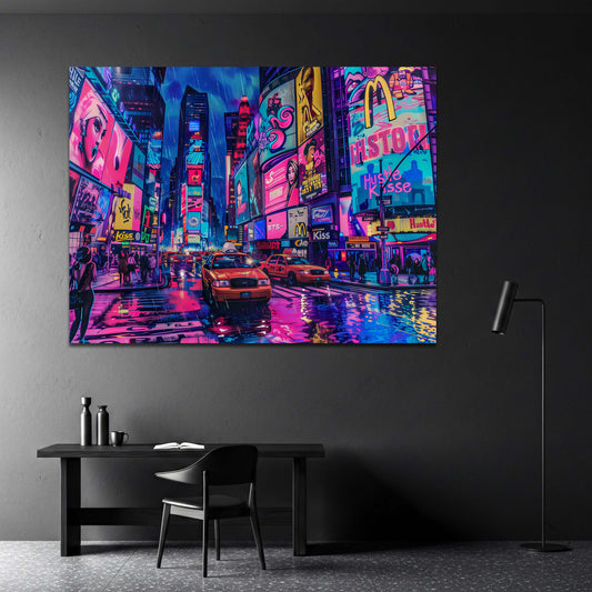 Times Square Taxis im Regen Neon Wandbild